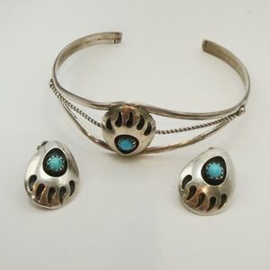 Vtg Sterling Silver 925 Southwest Turquoise Bear Paw Cuff Earrings Set Lot READ